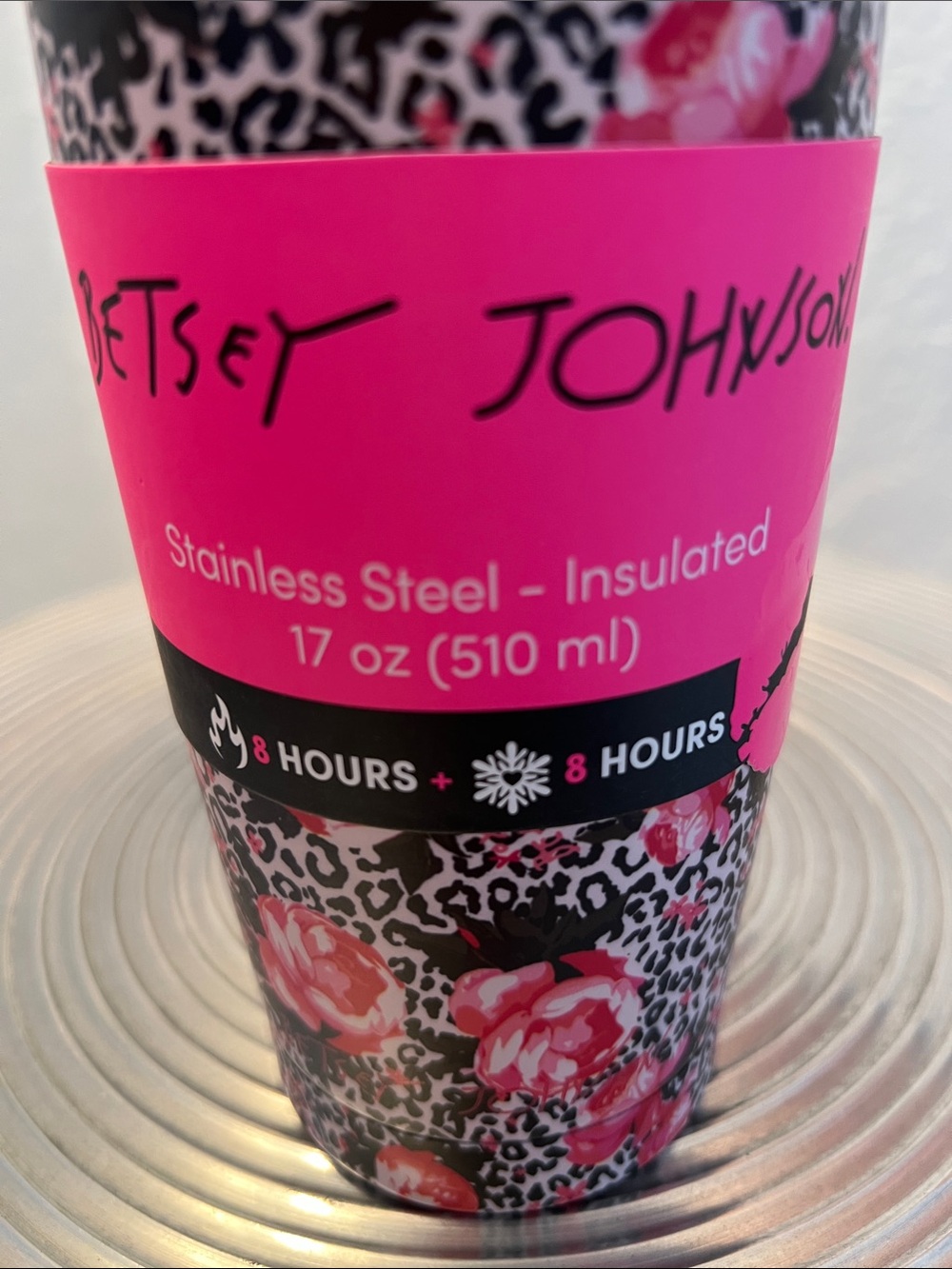 Betsey Johnson NWT Pink & Black Floral Leopard Stainless Tumbler 17 oz - Picture 5 of 5